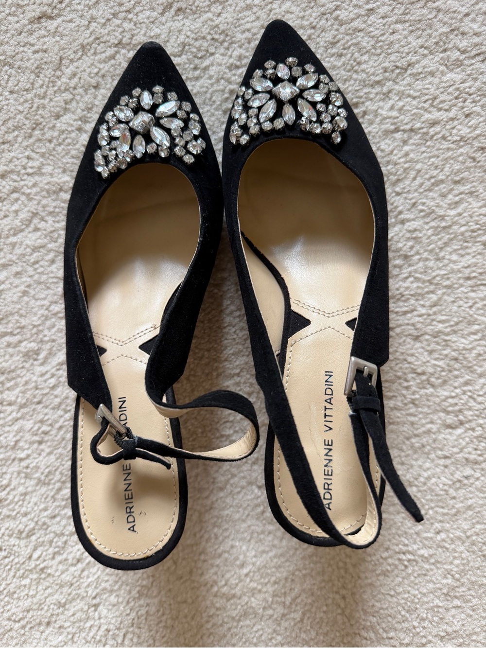 Adrienne Vittadini Black Pointed-Toe Slingback Flats with Crystal Accents